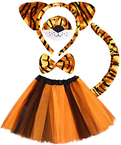 Tacobear Déguisement Animaux Enfant Tutu Jupe avec Serre Tête Oreille Animaux Nez Queue Gants Pattes Noeud Papillon Carnaval Cosplay Deguisement Halloween Noël Fête Costume Animaux pour Fille (Tigre)