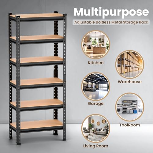 Image of 6 Tier Heavy Duty Storage Rack - Boltless Metal Shelving Unit with Adjustable Shelves, Powder Coated Steel Frame, MDF Board Shelves for Garage, Warehouse, Kitchen & Office Storage (6 SHELFF)
