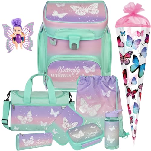Pridera Scooli Schulranzen 1.Klasse Mädchen Butterfly Wishes Schmetterling EasyFit Schulranzen-Set (10tlg. Set mit Brotdose Trinkflasche passend dazu Sporttasche Schultüte S, Fairy-Püppchen gratis)