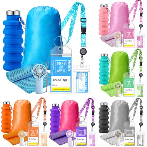 Wovnet 6 Sets Cruise Ship Essentials Theme Park Accessory Kit Collapsible Water Bottle Cruise Luggage Tag ID Holder with Lanyard Cooling Towel Fan Bag for Summer Amusement Team Gifts Travel Favor