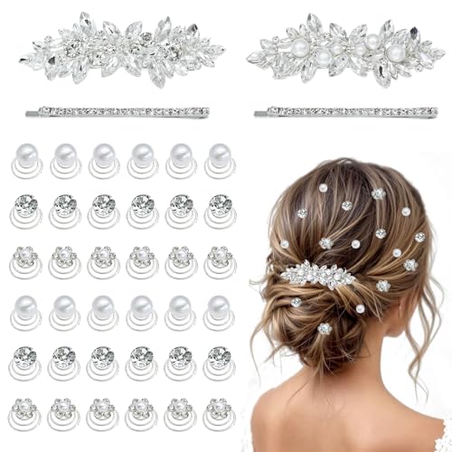 40 Pieces Rhinesetones Hair Clips Include 4 Piece Crystal Hair Pins and 36 Pieces Spiral Hair Gems Swirl Diamond Pearl Hairpins Flower Sparkling Hair Accessories for Wedding brides Party Prom