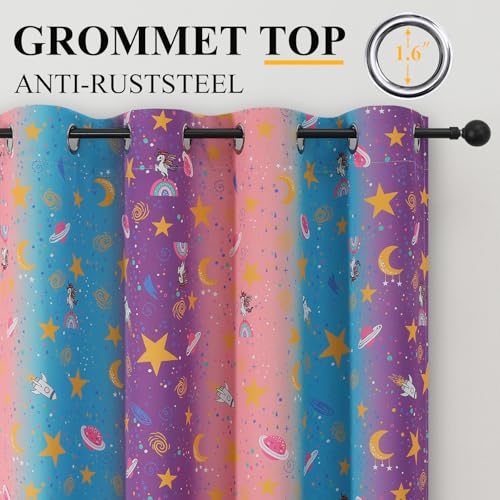 Image of Pink Purple and Grey Room Darkening Curtains 84 Inch Long for Girls Bedroom | Estelar Textiler Star & Moon Blackout Curtains for Kids Playroom,Unicorn Rainbow Grommet Window Drapes,52Wx84L,2 Panels