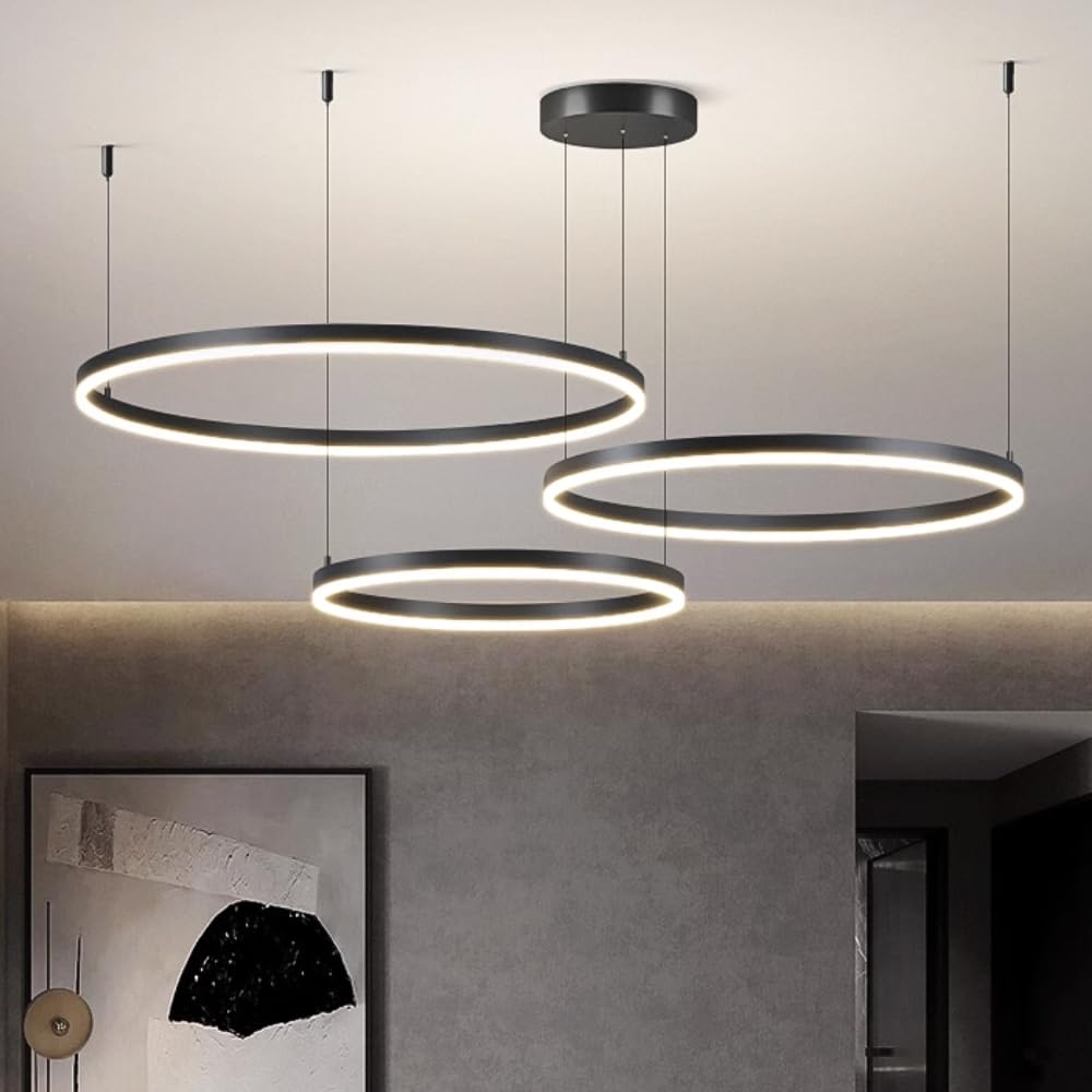 STARRYOL Lampada a sospensione moderna a LED, lampadario a sospensione a luce regolabile a 3 anelli Lampadario moderno a soffitto, dimmerabile 2700K - 6500K, con telecomando 78w - nero