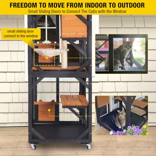 Image of Aivituvin Cat House Window Catio Outdoor Cat Enclosure Mobile Kitty Shelter on Wheels Pet Cage with Resting Box,Hammocks,Waterproof Cover