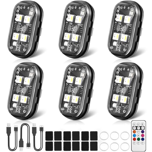 Suacopzar Upgraded 4LEDs 6PCS Wireless LED Strobe Lights, 8 Colors Aircraft Strobe Lights with Remote Control, USB to Type-C Rechargeable Light IP65 Waterproof Anti-Collision Emergency Warning Light