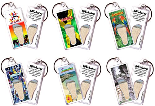 Jamaica FootWhere Souvenir Keychains. 6 Piece Set. Authentic Destination Souvenir acknowledging Where You've Set Foot. Genuine Soil of Featured Location encased Inside Foot Cavity. Made in USA.