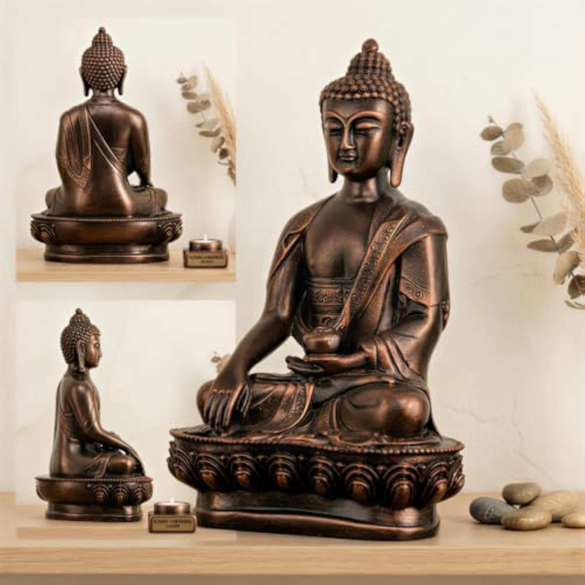 Meditating Sitting Buddha Idol Statue, Antique Copper Finish
