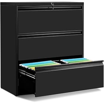 Amazon Com Lateral File Cabinet 3 Drawers With Lock Heavy Duty Lateral Filing Cabinet Steel Construction Black Kitchen Dining