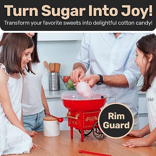 Cotton Candy Machine Kit With 2 Pack of Colorful Sugar - Red Retro Cotton Candy Maker, Effortless Home Sugar Candy Maker Machine with Comprehensive User-Friendly Guide