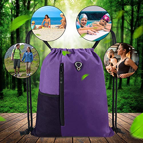 Beegreen Drawstring Backpack Bag With Water Bottle Pocket &Two Zippered Pocket Large Cinch Sackpack For Unisex Dark Violet #TOP6