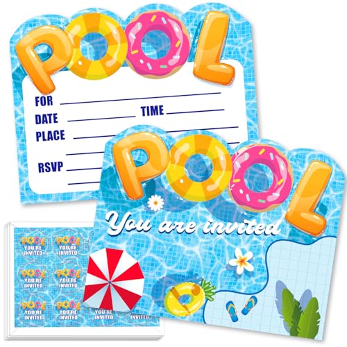 Hipoxa 24 PCS Pool Party Invitations with Envelopes and Stickers Summer Invitation Cards for Summer Pool Beach Hawaii Tropical Theme Birthday Party Decorations Supplies Favors