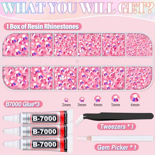 Image of Resin Rhinestones for Crafting with 3Pcs 10ml B7000 Jewelry Glue, 1 Box Pink AB Flatback Gems Crystals Diamond for Bedazzling Crafts DIY Nail Art Makeup, Gems for Clothing Tumblers Shoes