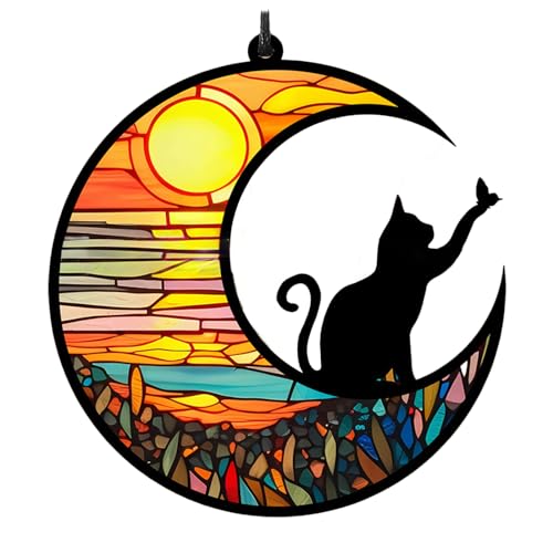 WGLILO Black Cat on Moon Stained Acrylic Window Hanging, Handcrafted Rainbow Suncatchers for Wall Kitchen Living Room Office, Suncatcher Decoration Gifts for Cat Lover Women Christmas, 6.4 inch