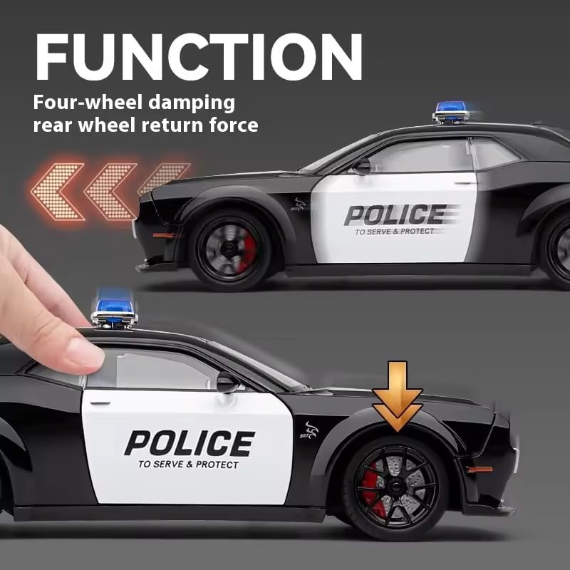 Image of Scale 1:24 Dodge Challenger SRT Police - Black Alloy Diecast Pullback Metal Car Toy with Sound Light & Opening Doors - Best Gift Toy for Kids