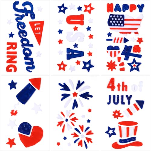 JOICEE 6 Sheets 4th of July Gel Window Clings, American Flag Red Blue White Star Patriotic Double-Sided Window Gel Stickers for Patriotic Memorial Independence Day Home School Office Party Decor