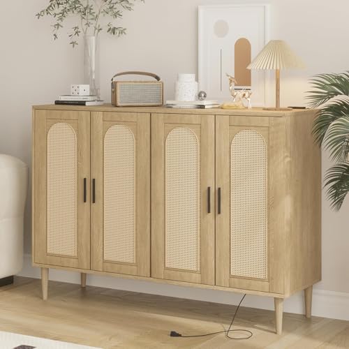 Rattan Buffet Cabinet with Storage,Sideboard Cabinet with 4 Doors and Adjustable Shelves, Console Coffee Bar with Charging Station, Boho Wood Cupboard for Kitchen, Livingroom and Dining Room