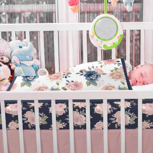 Image of Hahafelt 3 Pcs Pink Floral Baby Crib Bedding Set Navy Blue Elegant Botanical Decor for Infant Bed with Flowers Print Includes Quilt, Fitted Sheet, Skirt for Baby Girl Gifts
