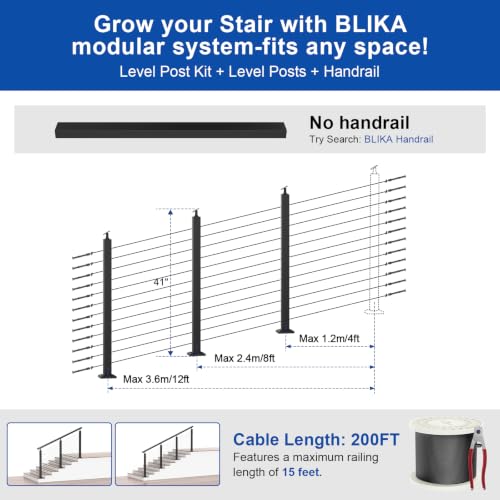 Image of BLIKA 10FT-15FT Modular 42 inch Stair Railing Post Kits for 25 to 35 Stairs | Stair Cable Railing Kit, Black Swageless Cable Railing System Include 3 Stair Posts, 200FT 1 /8 inch Stainless Cable(No Handrail)