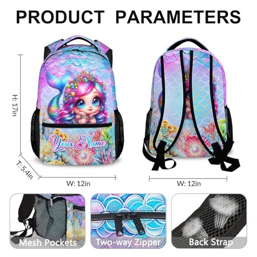 Girls Backpack for School, Personalized Mermaid Backpacks for Kindergarten Elementary, Custom Lightweight Toddler Bookbag with Name for Girls 3-6, Back to School Gift4