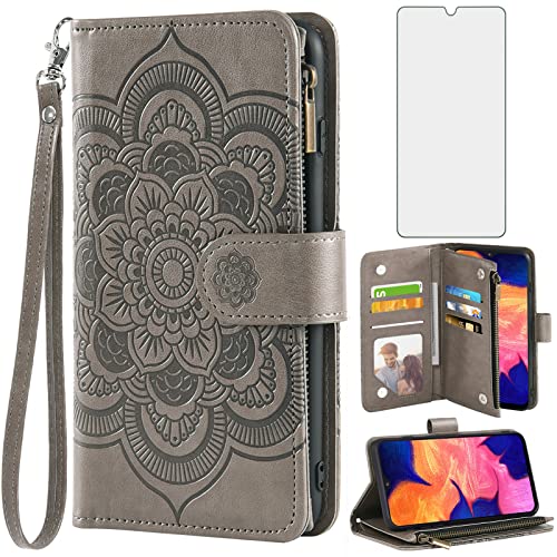 Asuwish Phone Case For Samsung Galaxy A10 Wallet Cover With Tempered Glass Screen Protector And Flower Flip Credit Card Holder Cell Accessories Glaxay A 10 Gaxaly 10A Sm A105M 6.2 Inch Women Men Grey #TOP16