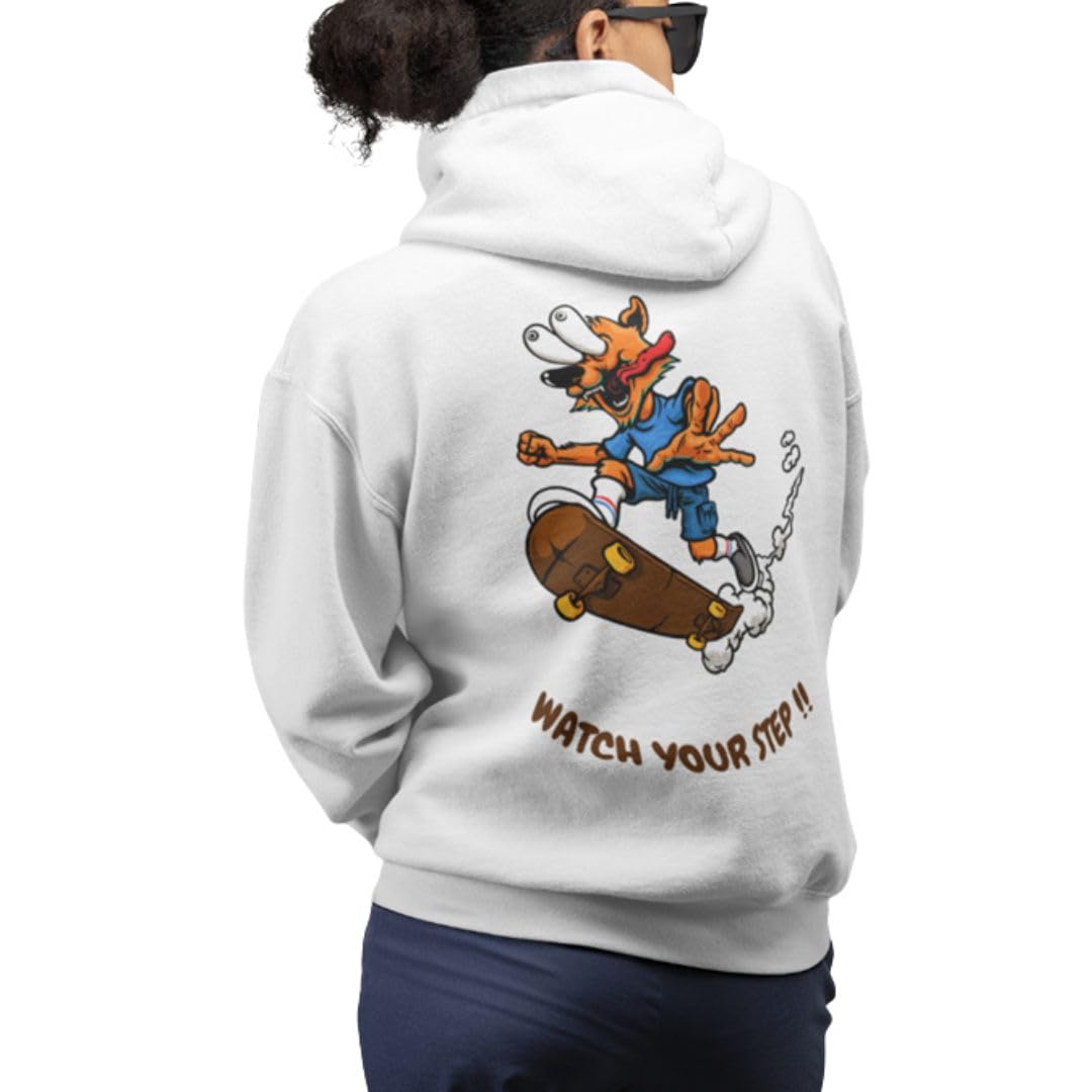 White Hoodie with Skateboarding Dog Graphic, Watch Your Step Print, Pullover Sweatshirt Grey Graphic Back Printed Hoodie for Women-image-2