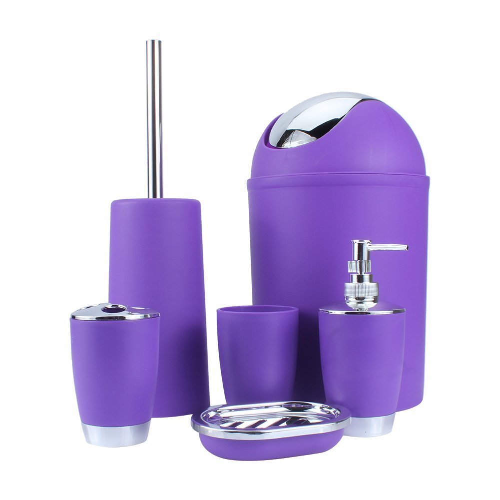 Yosoo, 6-teiliges Luxus-Badezimmer-Set aus Kunststoff, bestehend aus Lotionsflasche, Zahnbürstenhalter, Zahnputzbecher, Seifenschale, WC-Bürste, Abfalleimer violett