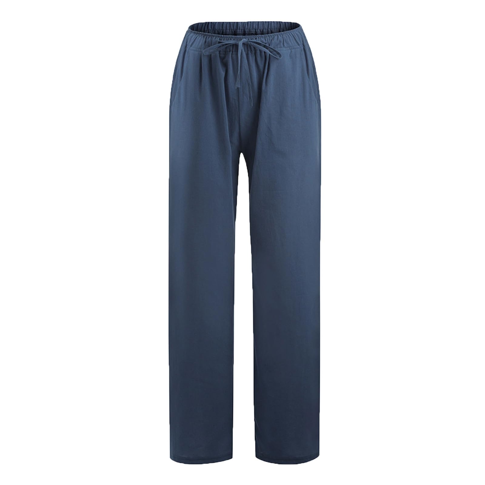 Cotton Linen Pants for Women Summer Drawstring Wide Leg Trousers High Waist Casual Palazzo Pants with Pockets - 5