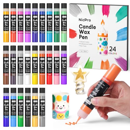 Nicpro Candle Wax Pen 24 Colors 3D Candle Paint Include Glitter Silver Gold Safe DIY Candle Making & Painting Kit Dry Fast Vibrant Colors Wax Paint for Birthday Holidays Wedding Party (1 oz 30 ml)
