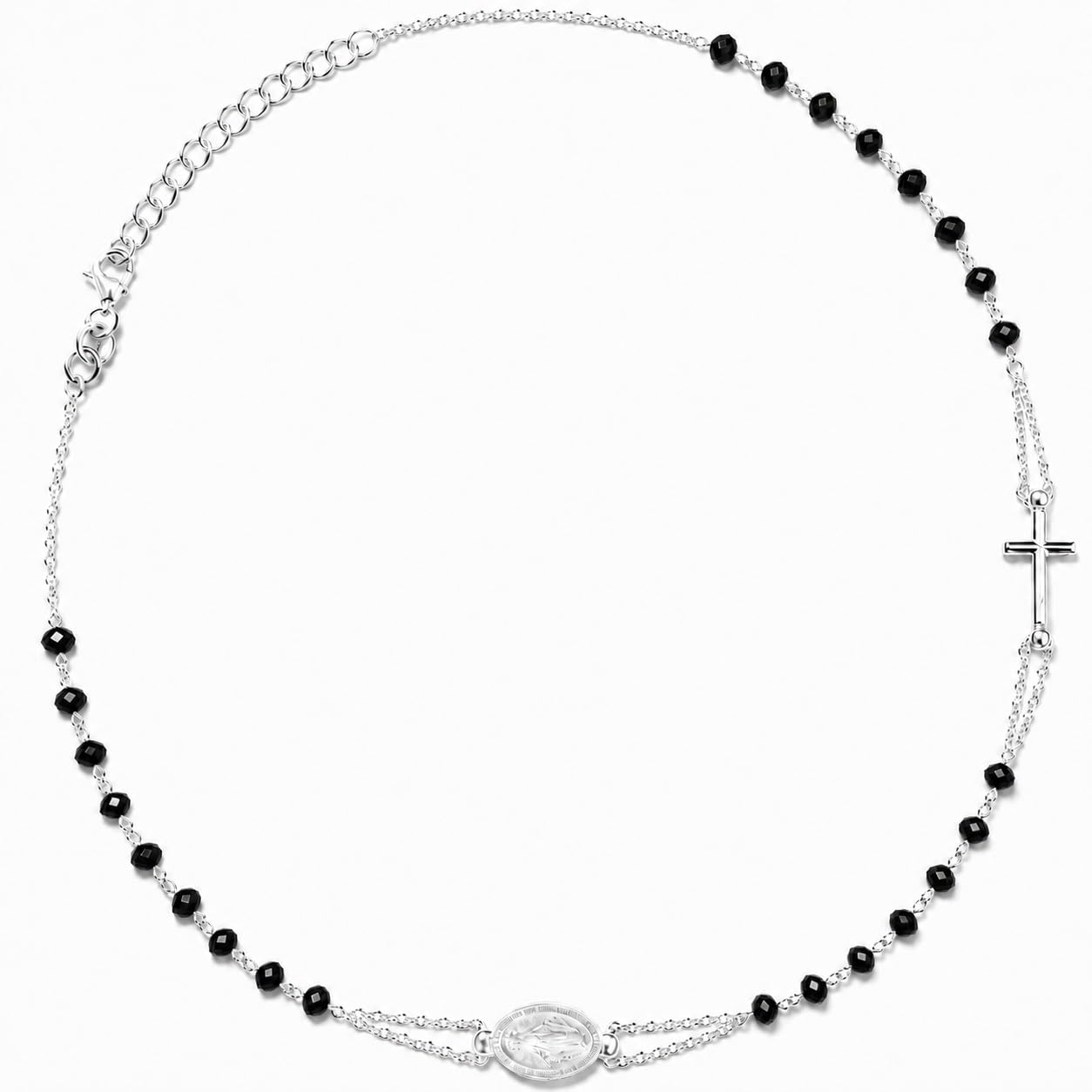 ZELYA Collar de mujer de plata 925 con rosario – Cruz medalla espinela cadena ajustable con grabado + caja de regalo