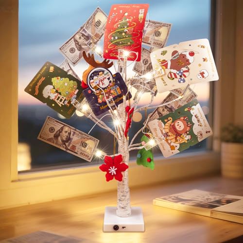 Money Tree Gift Holder, 2FT Birch Tree with 12 Clips & 24 LED Lights, Battery/USB Powered Light Up...