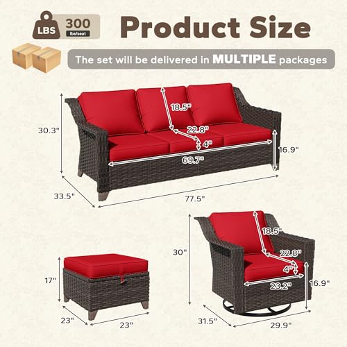 Image of 6 Piece Patio Furniture Set, Wicker Outdoor Conversation Set | Patio Chair Set with Olefin Removable Cushion, All-Weather Outdoor Couch with Deep Seat for Porch, Deck and Backyard, Red