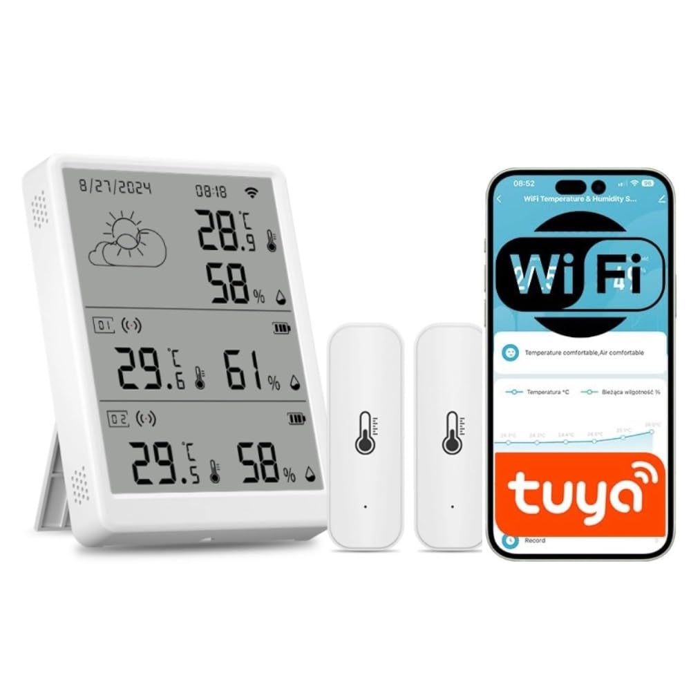 Kits de sensores de temperatura Wi-Fi, kit de termómetro e higrómetro inteligente TUYA con 2 sensores inalámbricos, monitor inteligente de temperatura y humedad con notificaciones en la aplicación