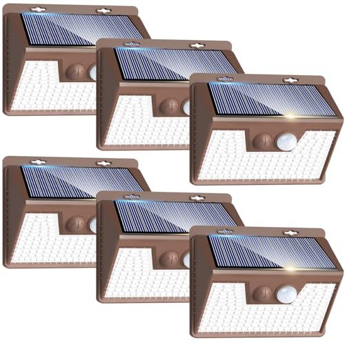 Image of Peasur Solar Lights Outdoor Motion Sensor [6 Pack /140LED /Brown], Ultra-Bright 3 Mode Fence Security Light Waterproof, Solar Wall Lighting for Patio Yard Step House Outside