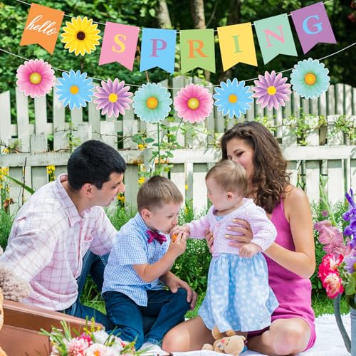 Image of Hooqict Hello Spring Banner Colorful Sun Flower Spring Party Banner Wildflower Garland Sign for Springtime Easter Birthday Party Decorations lndoor Outdoor Home Classroom Decorations