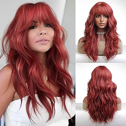 VAIRETY Long Curly Red Wigs For Women, 24 inch Wine Red Bob Wig With Bangs Synthetic Wig, Burgundy Wig With Fringe Natural Daily Hair Full Wigs for Party Cover