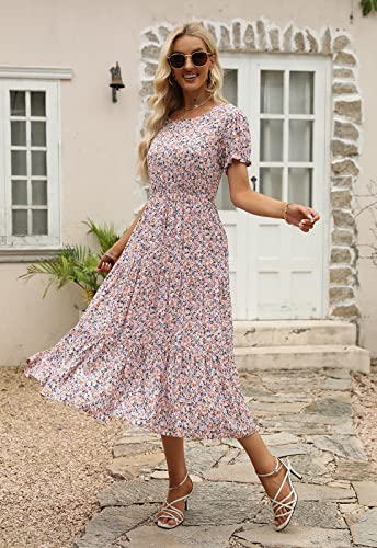 Image of NAVINS Womens Floral Print Modest Wedding Guest Midi Dress with Pockets | Puff sleeve tiered boho dress for summer, church, and vacations. Elastic waist, Below knee, hand or machine wash.