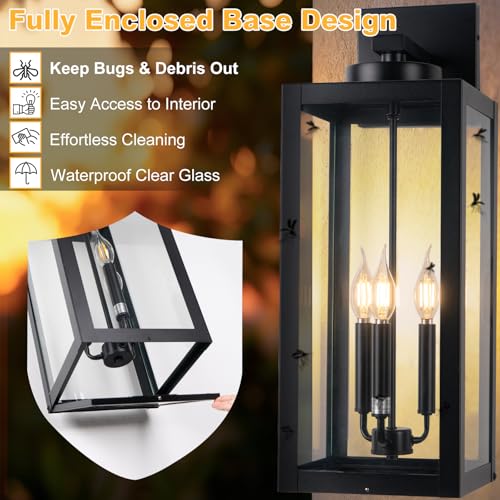 Image of 24 inch Extra Large Fully Enclosed Outdoor Light Fixture 3-Light, Coach Lights | Anti-Rust Waterproof Outdoor Wall Lights, Black Modern Exterior Lighting Fixtures Front Porch Light for House, E12, 2-Pack