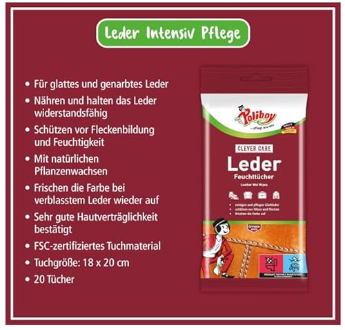 POLIBOY Leder Feuchttücher - Zur Pflege und Reinigung von Glattleder - 2x 20 Tücher
