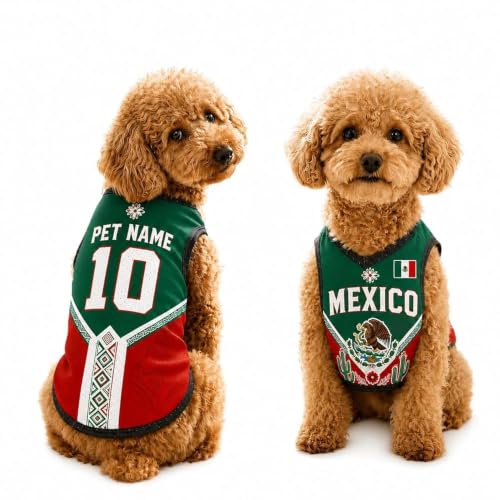 V-DECORPARKS Personalized Mexico Pet Soccer Jersey Custom Name Number Mexican Dog Cat Football Fan Shirt Mexico Pet Outfit 2026 Game Day