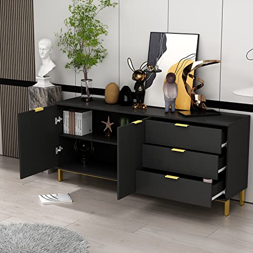Aiegle Sideboard Buffet Cabinet With 3 Drawers & 2 Doors, Kitchen Buffet Storage Cabinet Entryway Cupboard With Gold Metal Legs, Black (62.9" L X 15.7" W X 27.5" H) #TOP2
