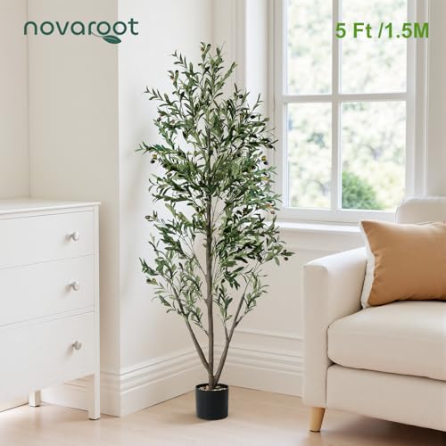 Olive Trees Artificial Indoor, 5FT Tall Faux Olive Tree with Lights Moss and Planter, Artificial Plants Indoor with Natural Wood Trunk and Lifelike Fruits, Fake Tree for Home Office Living Room Decor - Image 3