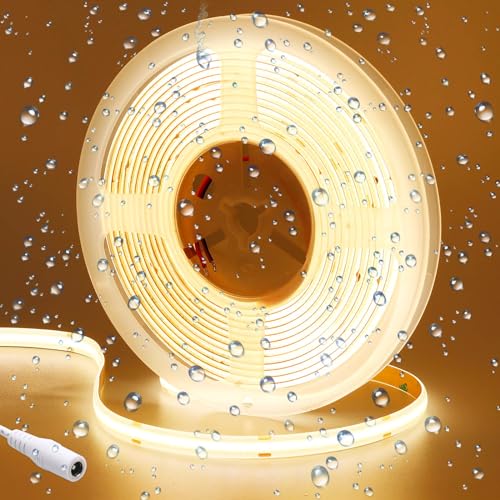 GOMING 24V COB LED Strip Light Warm White 3000K 5M/16.4ft 2400LEDs IP65 Waterproof Uniform Glow CRI 93+ Flexible LED Tape Lights for DIY Cabinet Bedroom Kitchen Home Decor (No Power Supply)