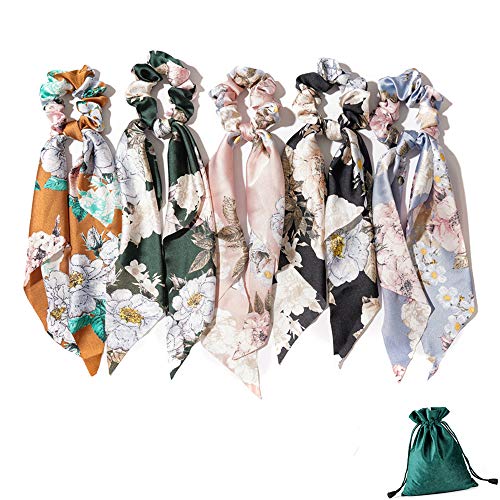Hair Scrunchies Scarf with Floral Print 5 Pcs Elastic Hair Ties Ribbon for Thick Hair Hair Bands Ponytail Holder for Women