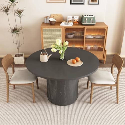 Image of weselon Round Dining Table for 4, Modern Farmhouse Kitchen Table, 47 Inch Small Circle Dining Tables with Wood Strip Base for Kitchen Living Room (Black)
