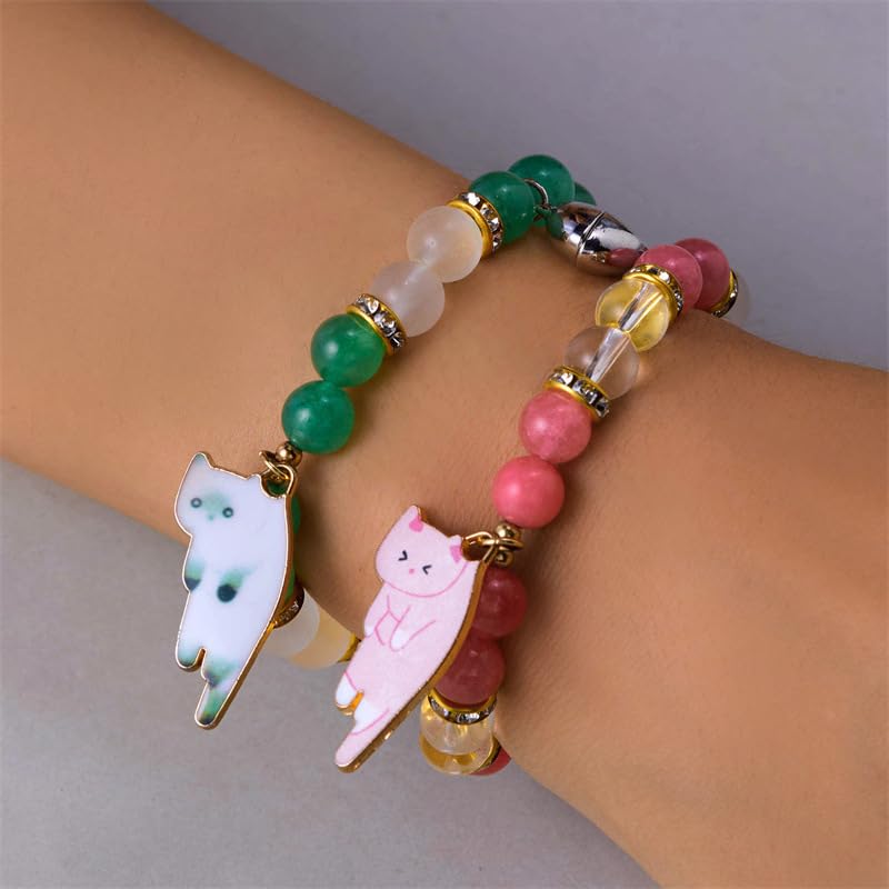 Fuqimanman2020 2 Pcs Cat Bracelet Cute Cat Kawaii Kitten Bead Bracelet Couple Matching Animal Charm Bracelets BFF Friendship Bracelet3