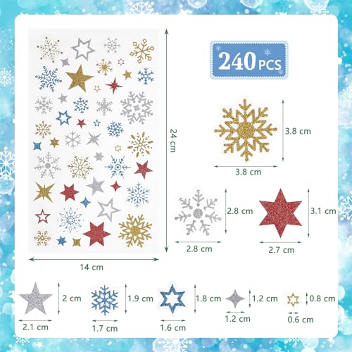 Kesote Sticker Stern Aufkleber Glitzer Schneeflocken 240x Etiketten Gold Selbstklebend zum Basteln Silber Weihnachten Deko Rot Blau