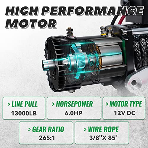 Off Road Boar 13000 Lb Winch, Electric Winch 12V With Synthetic Rope, Roller Fairlead, Waterproof Ip67 Atv Utv Jeep Winches With Wireless Remote And Wired Control #TOP2