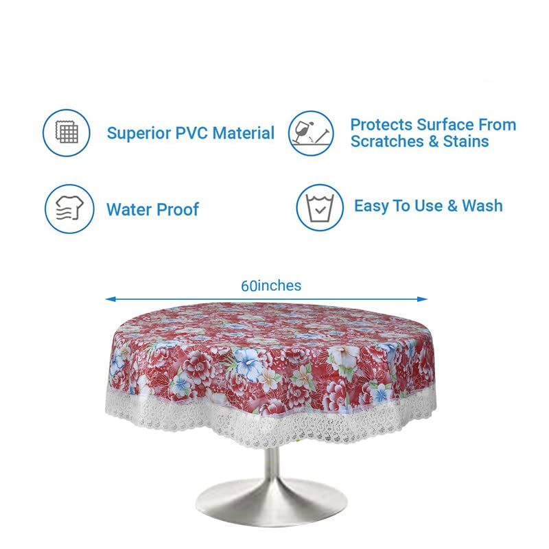 Image of Dakshya Industries Printed PVC Plastic Flowered 4 Seater Round Shape Table Cover (Size- 60 Inches Round)