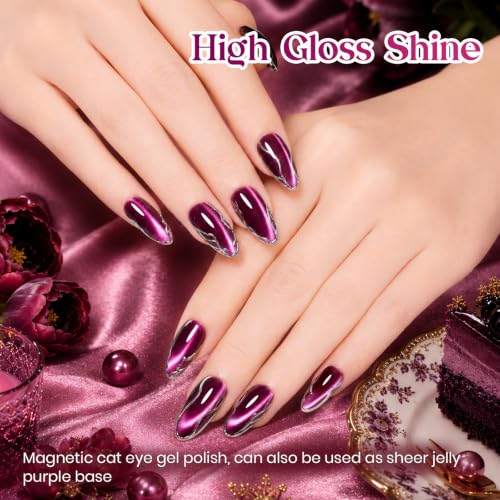 Image of Beetles Purple Cat Eye Gel Polish, 15ML Vampire Kiss Magnetic Purple Gel | Glass Fall Cat Eye Glitter Gel Shimmer Sheer Translucent Effect With Magnet Soak Off UV Nail Art DIY Home Gift for Women