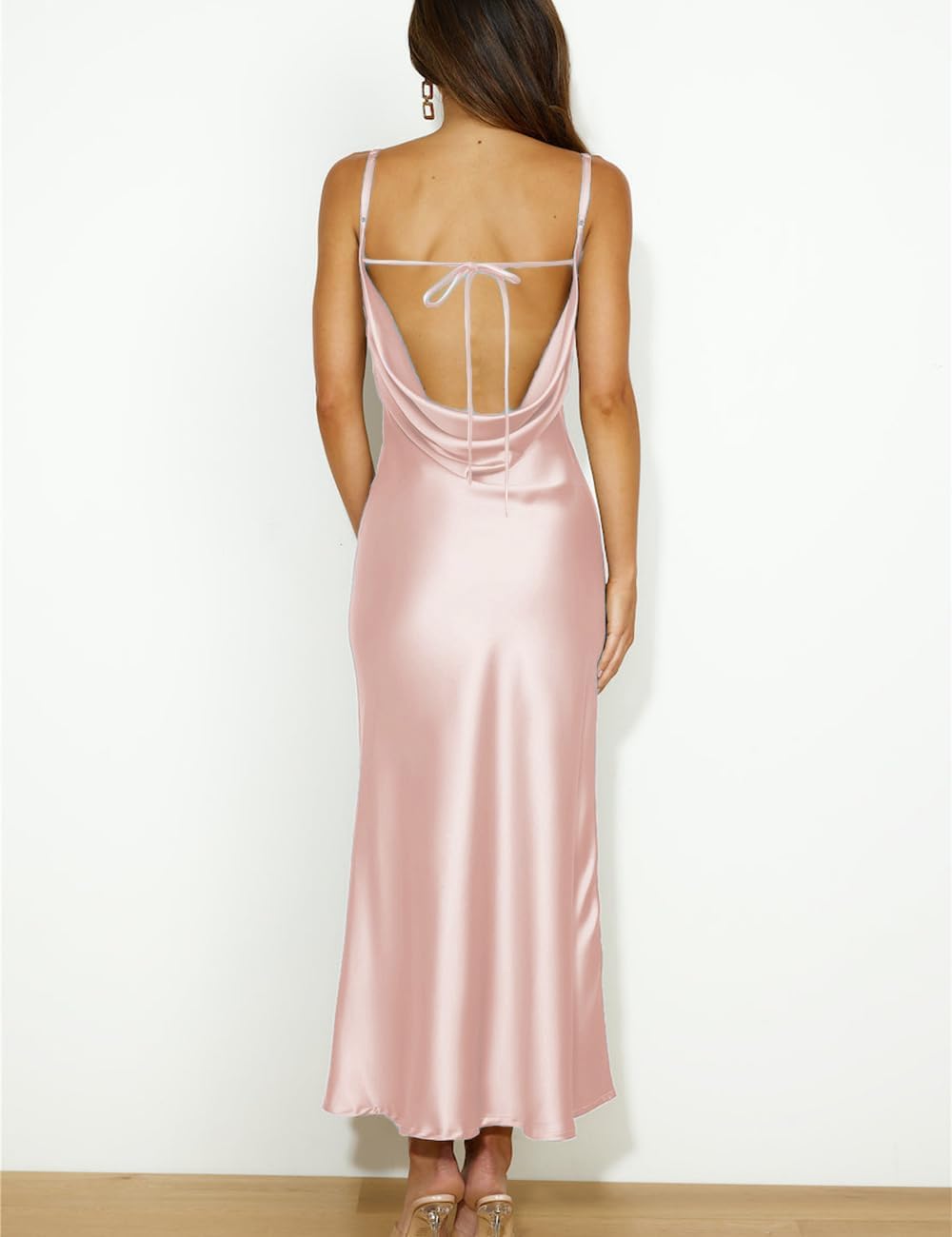 summer satin spaghetti strap cowl neck backless midi dresses for women elegant tie low back ruched cocktail dress pink small